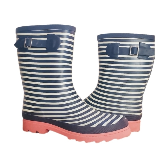 JOURNEE COLLECTION "Settle" Rain Boot in Stripped Black & Cream with Coral Sole - Picture 1 of 16